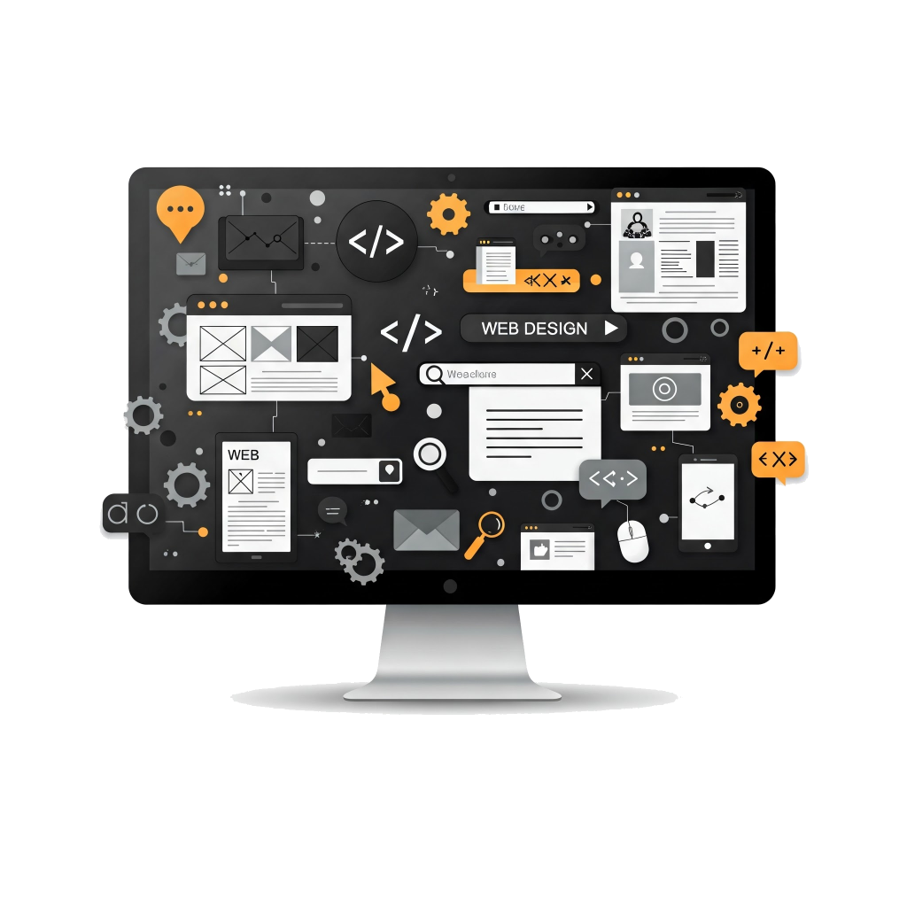 Image of a computer with various web design symbols