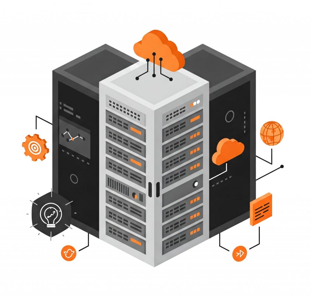 Image of a server rack with web desig icons