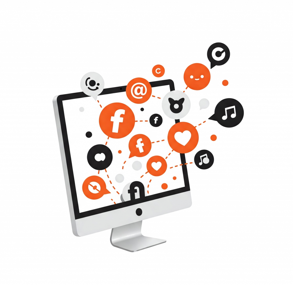Computer monitor eith social media icons bursting out